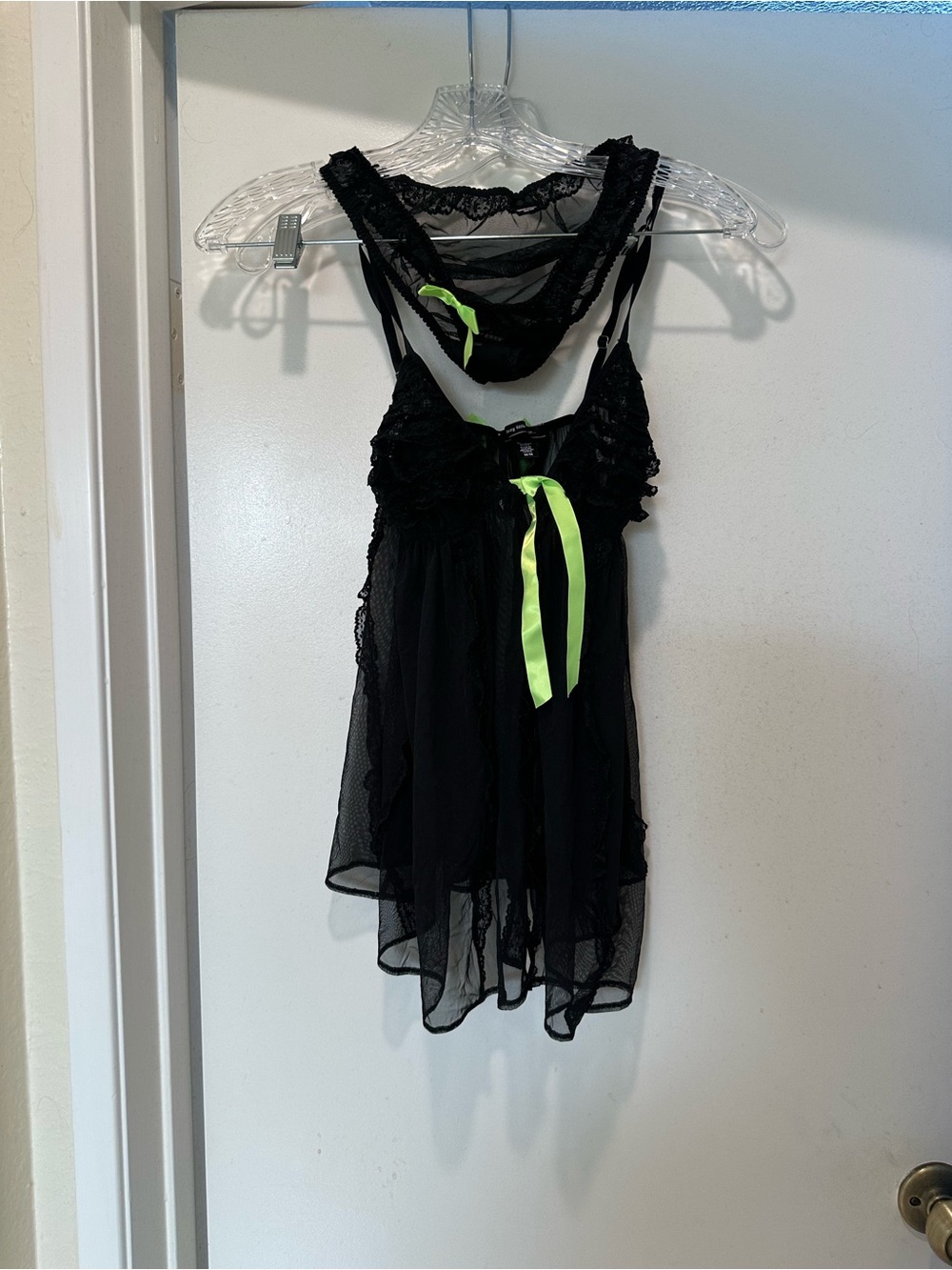 Victoria's Secret Sexy Little Thing Black Mesh Babydoll w Lime Ribbon Set Medium